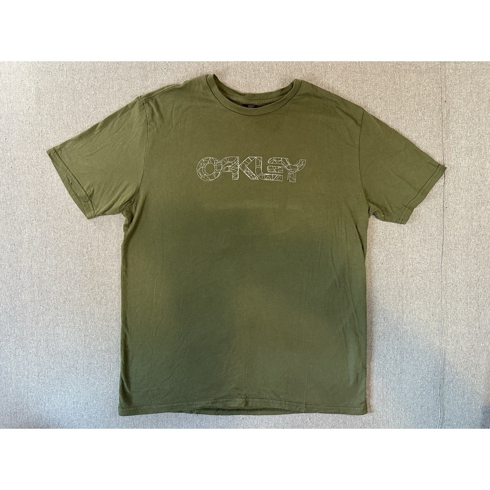 Oakley T Shirt Mens XL Spell Out Graphic Logo Short Sleeve Shirt Olive Green